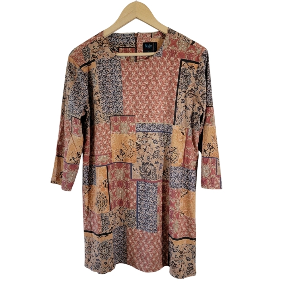 Mely New York Floral Patchwork Tunic Dress L Faux Suede 3/4 Sleeve Cottagecore